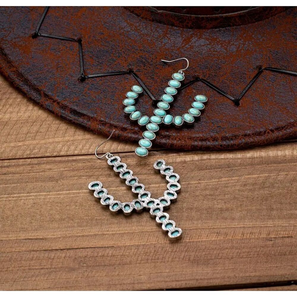 Western Turquoise Cactus Dangle Earrings Rodeo Festival Aztec Ethnic - Picture 5 of 5